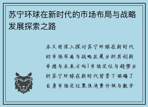 苏宁环球在新时代的市场布局与战略发展探索之路