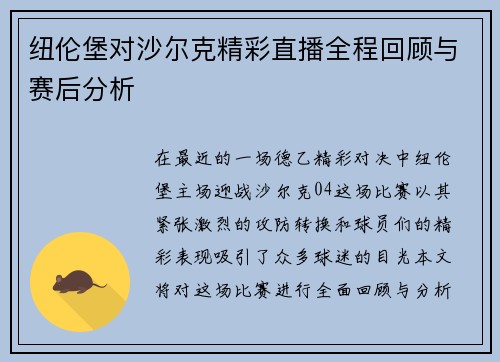 纽伦堡对沙尔克精彩直播全程回顾与赛后分析