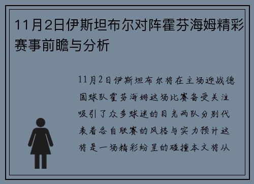 11月2日伊斯坦布尔对阵霍芬海姆精彩赛事前瞻与分析