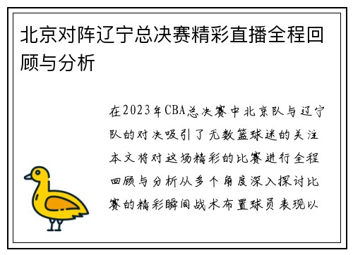 北京对阵辽宁总决赛精彩直播全程回顾与分析