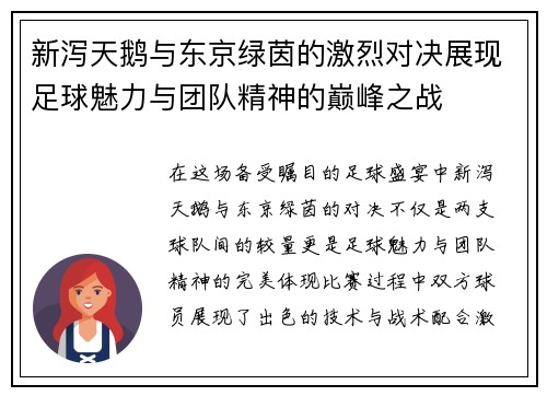 新泻天鹅与东京绿茵的激烈对决展现足球魅力与团队精神的巅峰之战