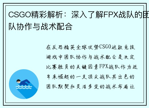 CSGO精彩解析：深入了解FPX战队的团队协作与战术配合
